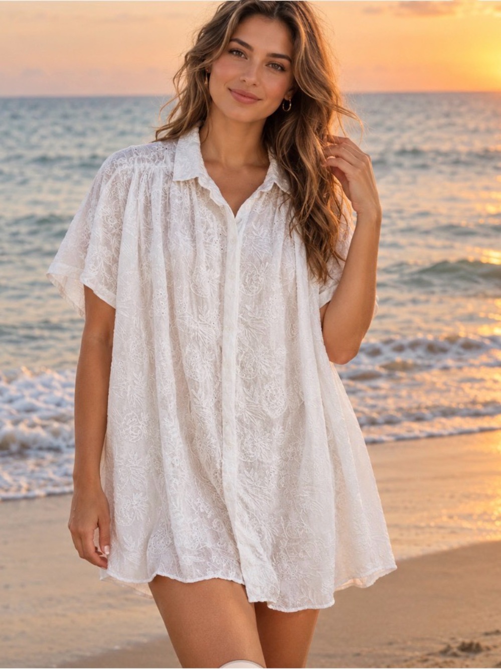 See U Soon White Boho Floral
Eyelet Lace Button Up Shirt. New! One Size